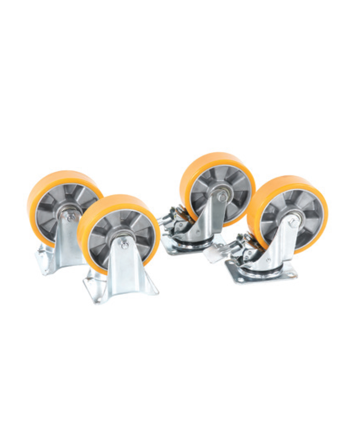 PU Wheel, set of 4, 2 fixed + 2 swivel wheels with brake