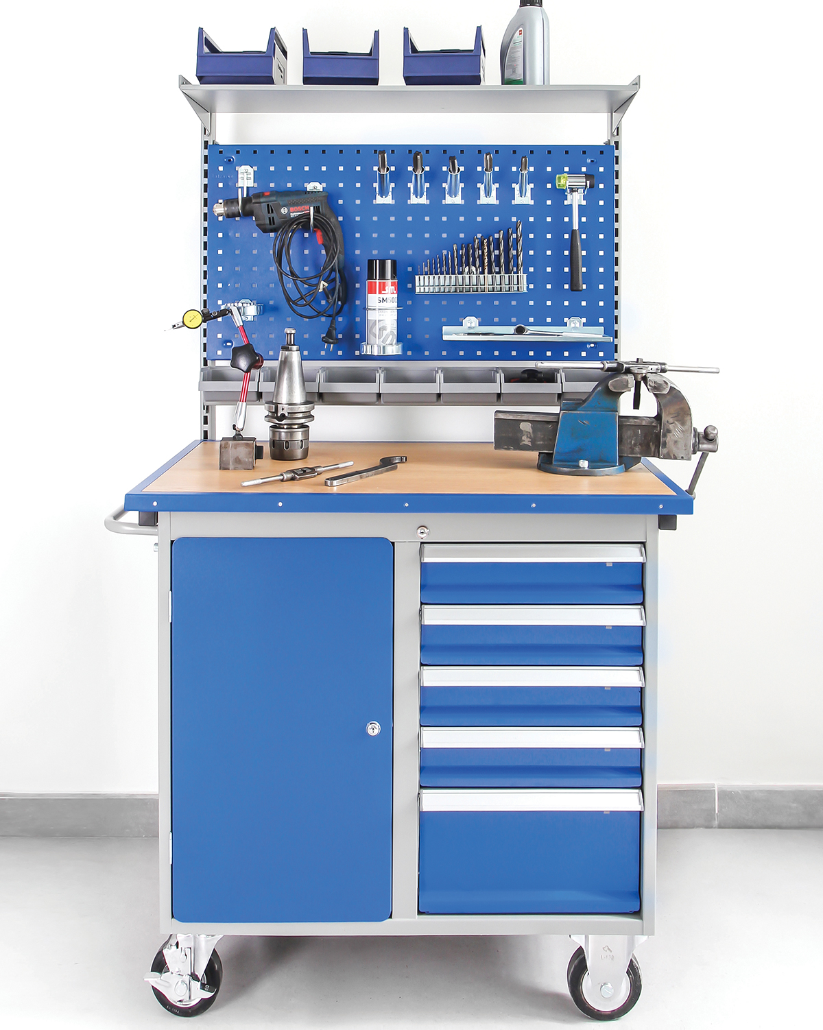 Mobile Workstation, 5 drawers, Oak worktop + Extension Kit